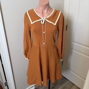 Olrain Vintage Style Brown Sweater Dress with White Trim Sz M